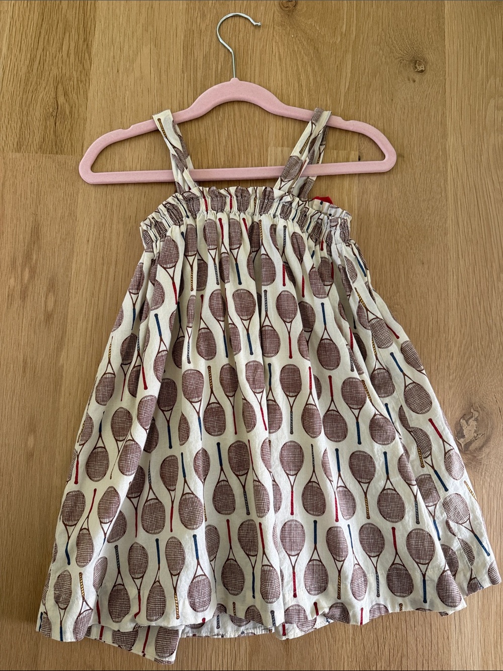 Pink Chicken White Dress with Red Bows and Multicolor Tennis Racket Print - Picture 5 of 5